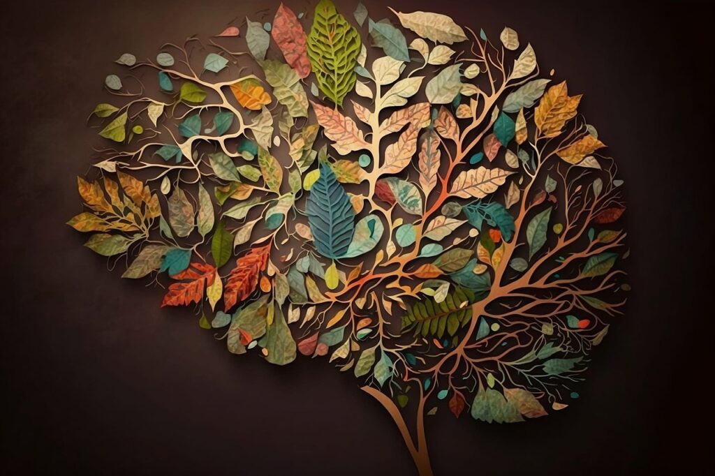 brain health concept. tree full of life in the shape of a brain.